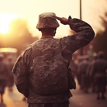 oldat in Uniform, der in einer Gruppe salutiert, bei Sonnenuntergang. Fallbeispiel: Juristische Unterstützung bei Problemen mit der Dienstunfähigkeitsversicherung nach einer Rückenverletzung.