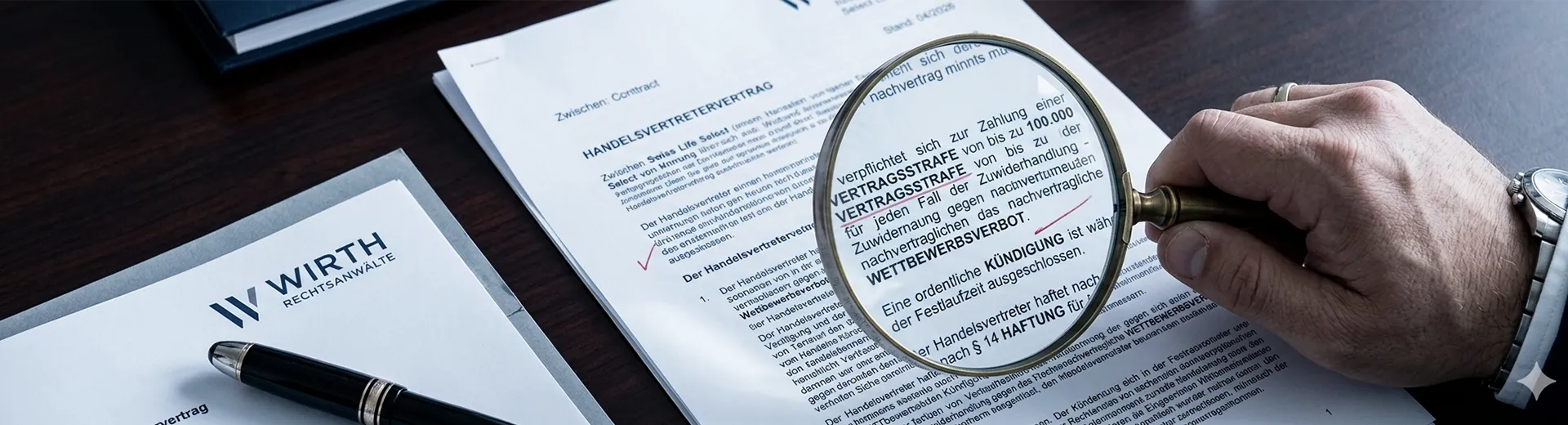Nahaufnahme einer juristischen Prüfung des Swiss Life Select Handelsvertretervertrags (Fassung 04/2026) durch eine Lupe; im Fokus stehen drastische Vertragsstrafen bis 100.000 Euro, Kündigungsklauseln und Haftungsrisiken neben dem Briefkopf der Kanzlei Wirth Rechtsanwälte.