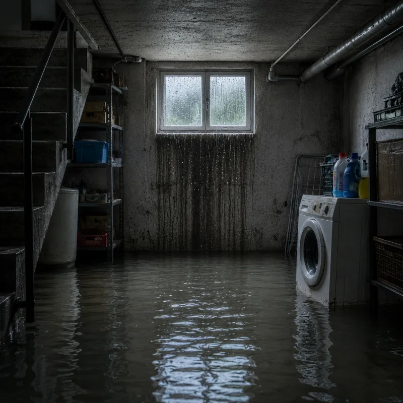 Regen tritt durch das Fenster in den Keller ein und setzt Keller unter Wasser