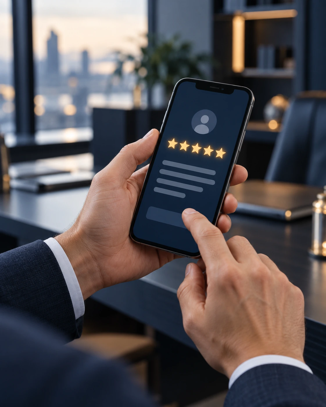 Hände halten ein Smartphone, auf dem Display sind fünf Bewertungssterne zu sehen