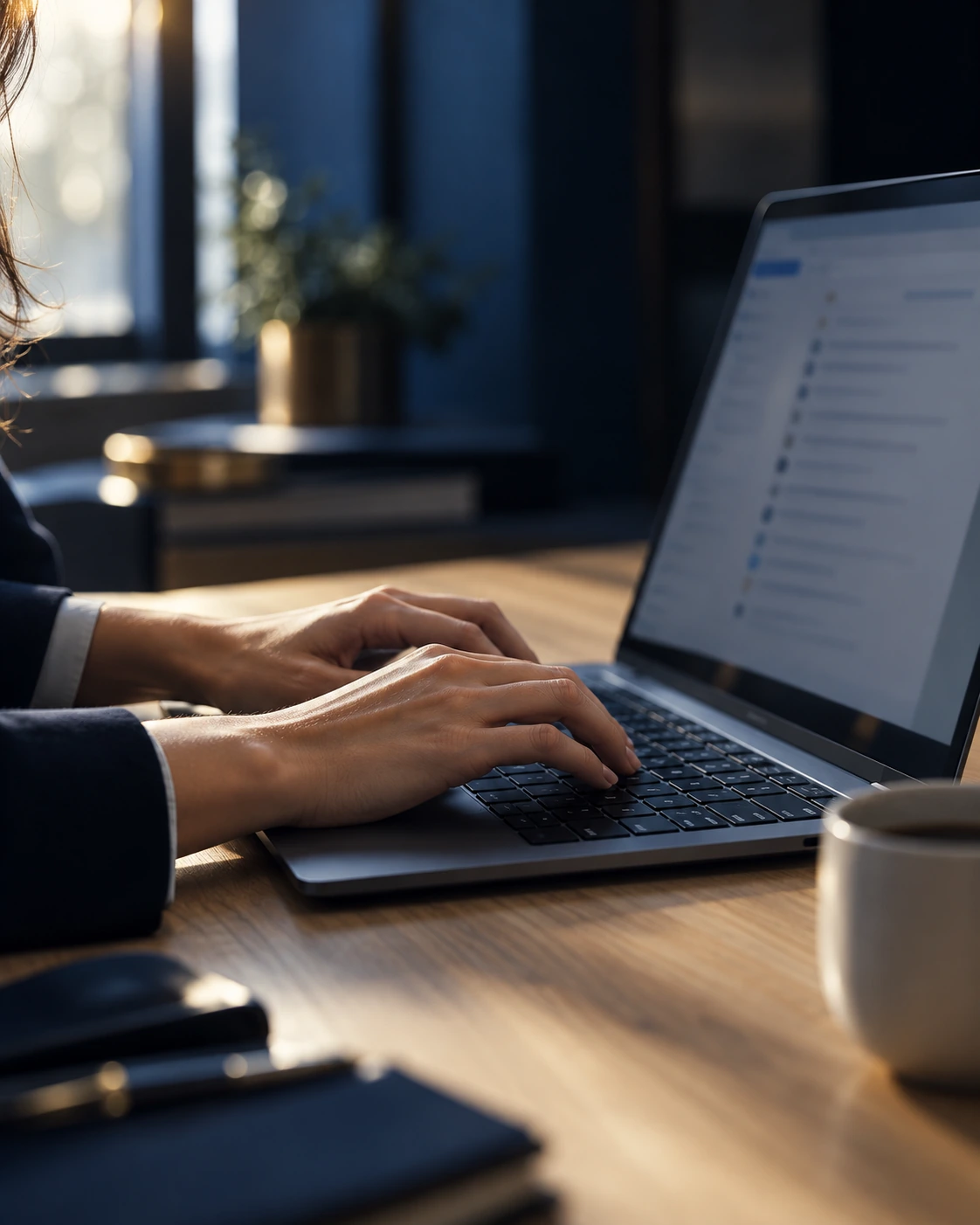 Frau tippt im Morgenlicht auf einem Laptop