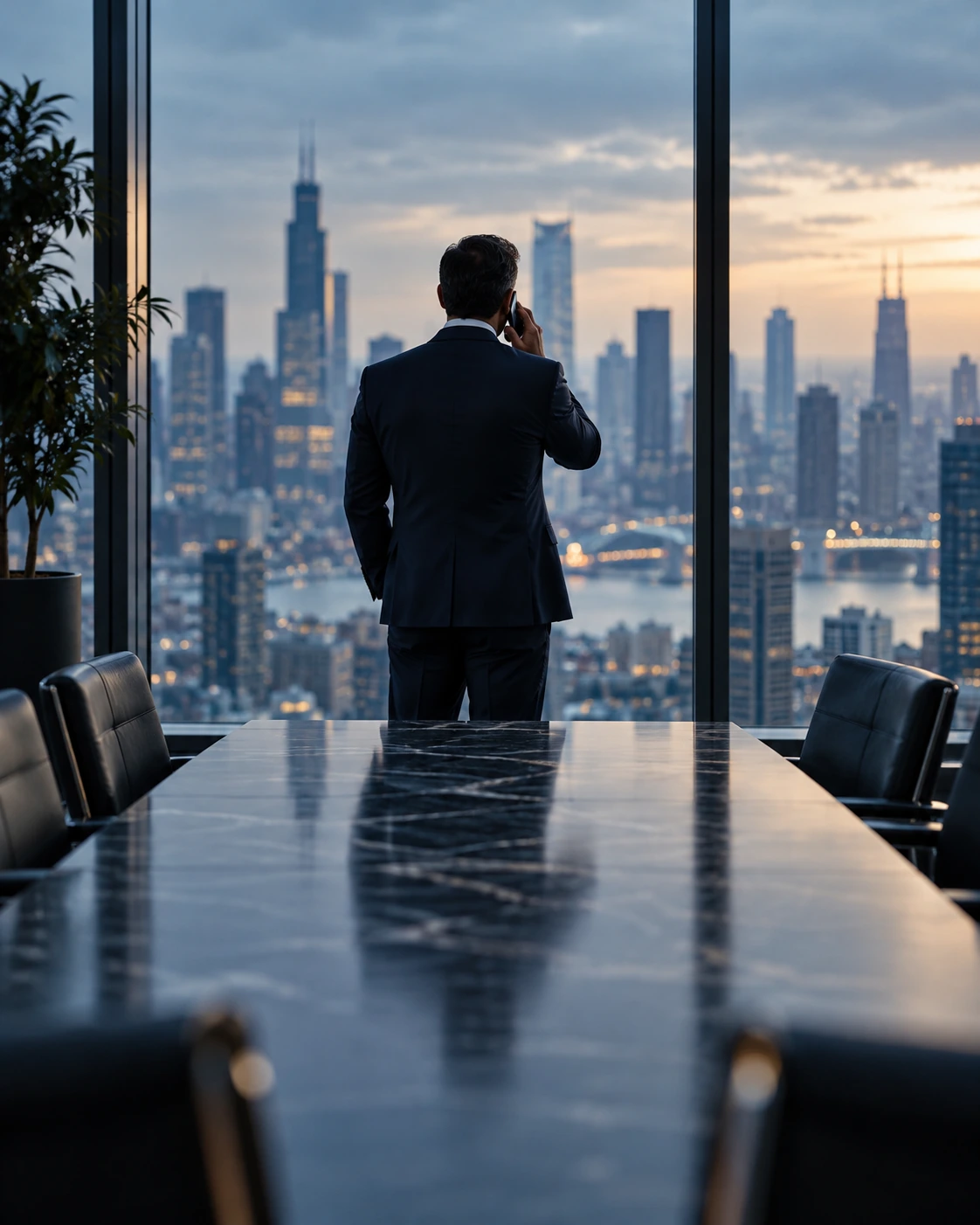Geschäftsmann telefoniert am Bürofenster mit Blick auf die Skyline einer Großstadt