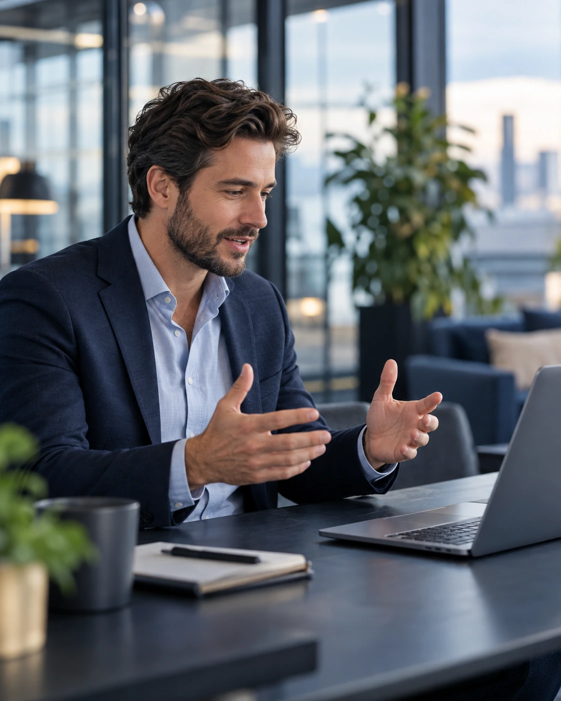 Geschäftsmann spricht und gestikuliert in einem Co-Working-Büro vor einem Laptop